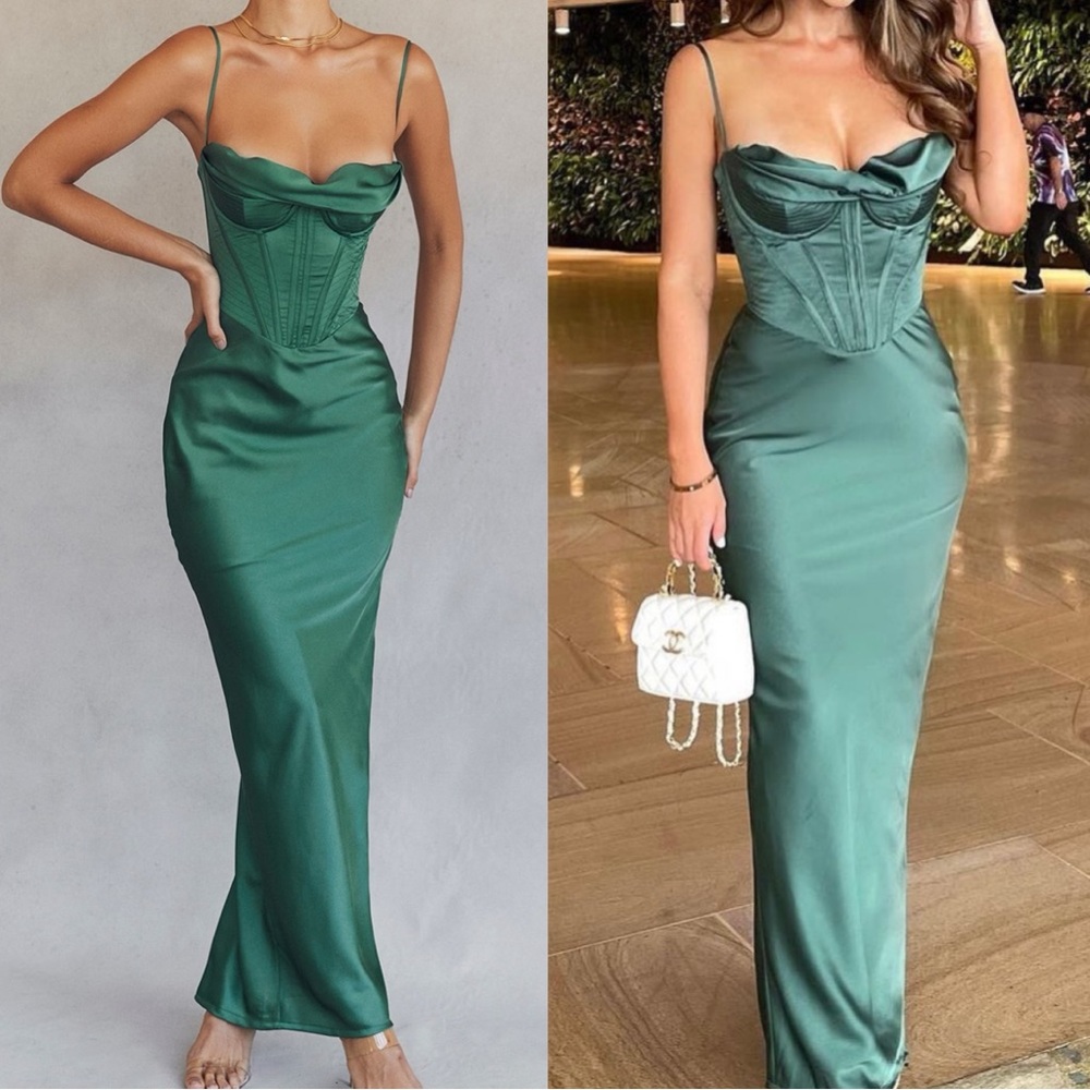 House of CB 💚 Corset Satin Maxi Dress - XS - Forest Green